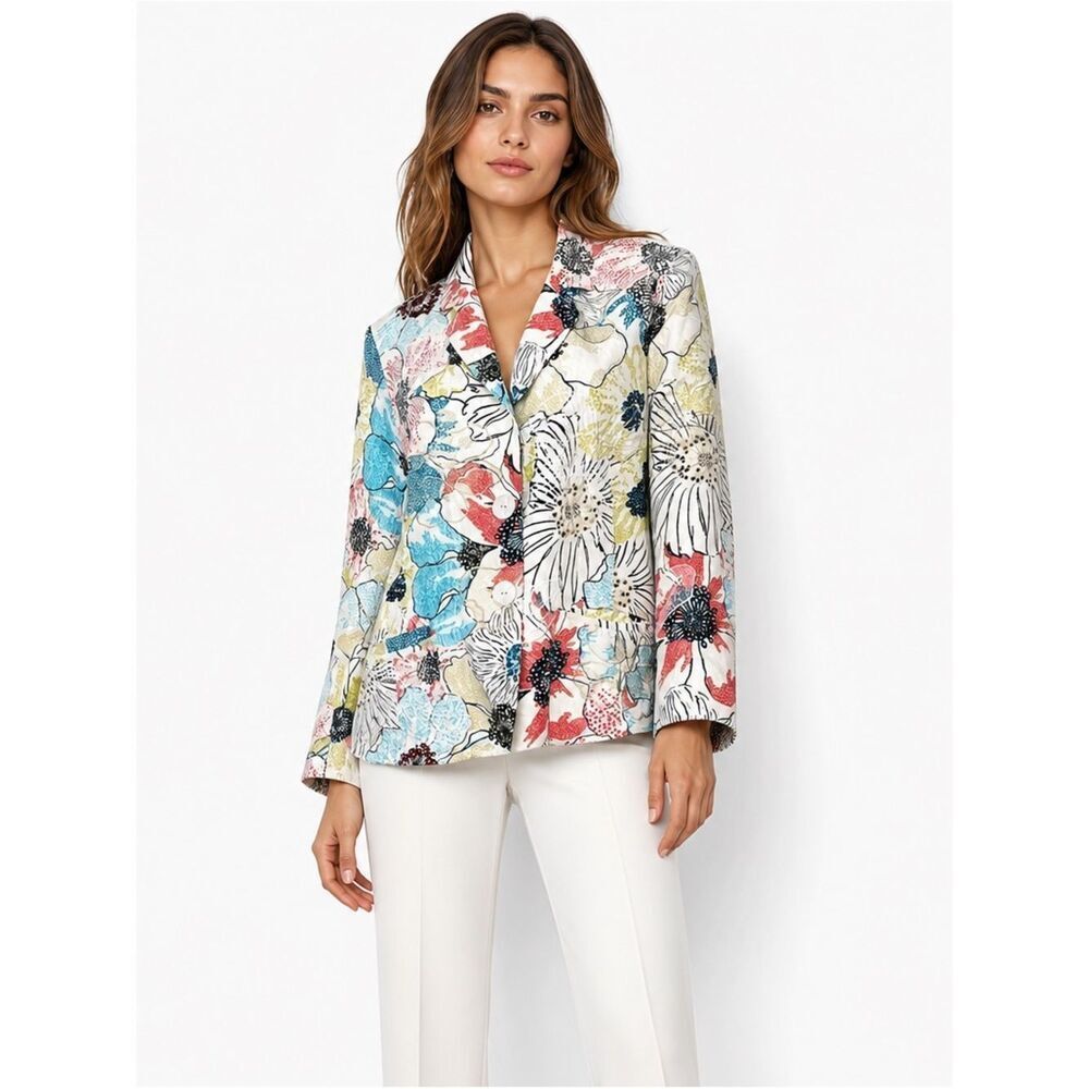 Chico’s Silk Colorful Floral Embroidery Blazer Jacket Size 12